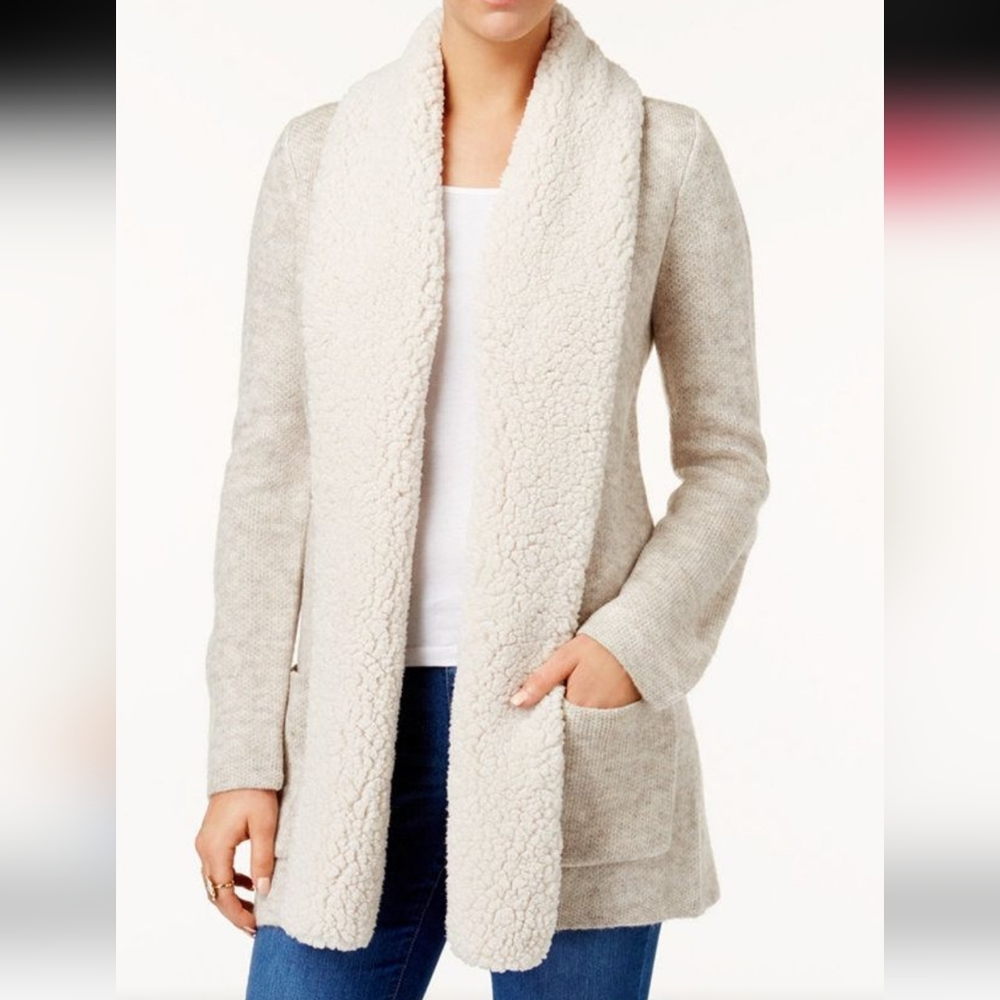 Style & Co Sherpa Fleece Shawl Collar Knit Cardigan Jacket Oatmeal Heather Sz L